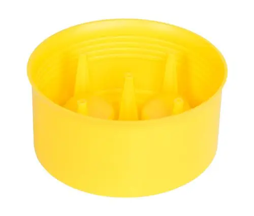 Gelbes Kunststoffprodukt mit konischen Einsätzen im Inneren, hergestellt von Fränkische, zur Verwendung im Bauwesen oder zur Aufnahme von Formmaterial.